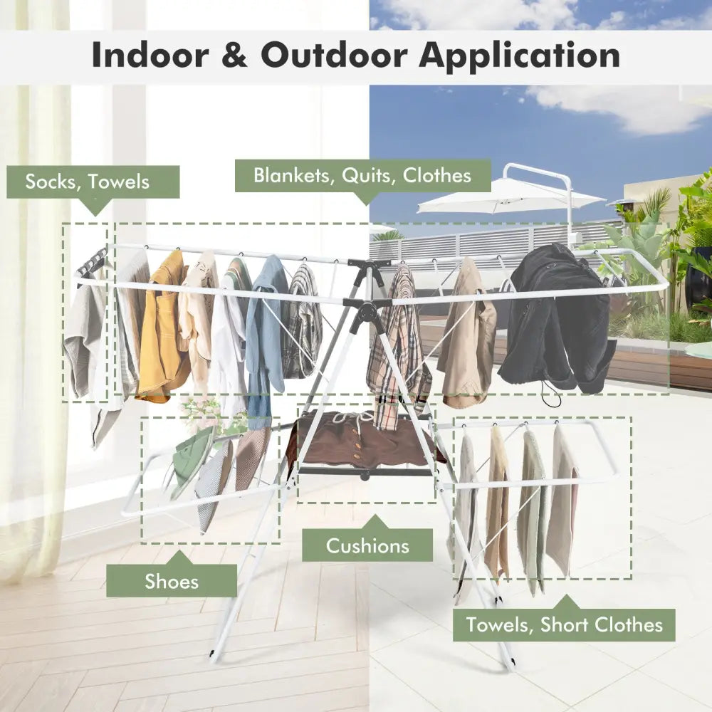 2-Tier Foldable Clothes Drying Rack with Adjustable Gullwing - White - Drying Racks
