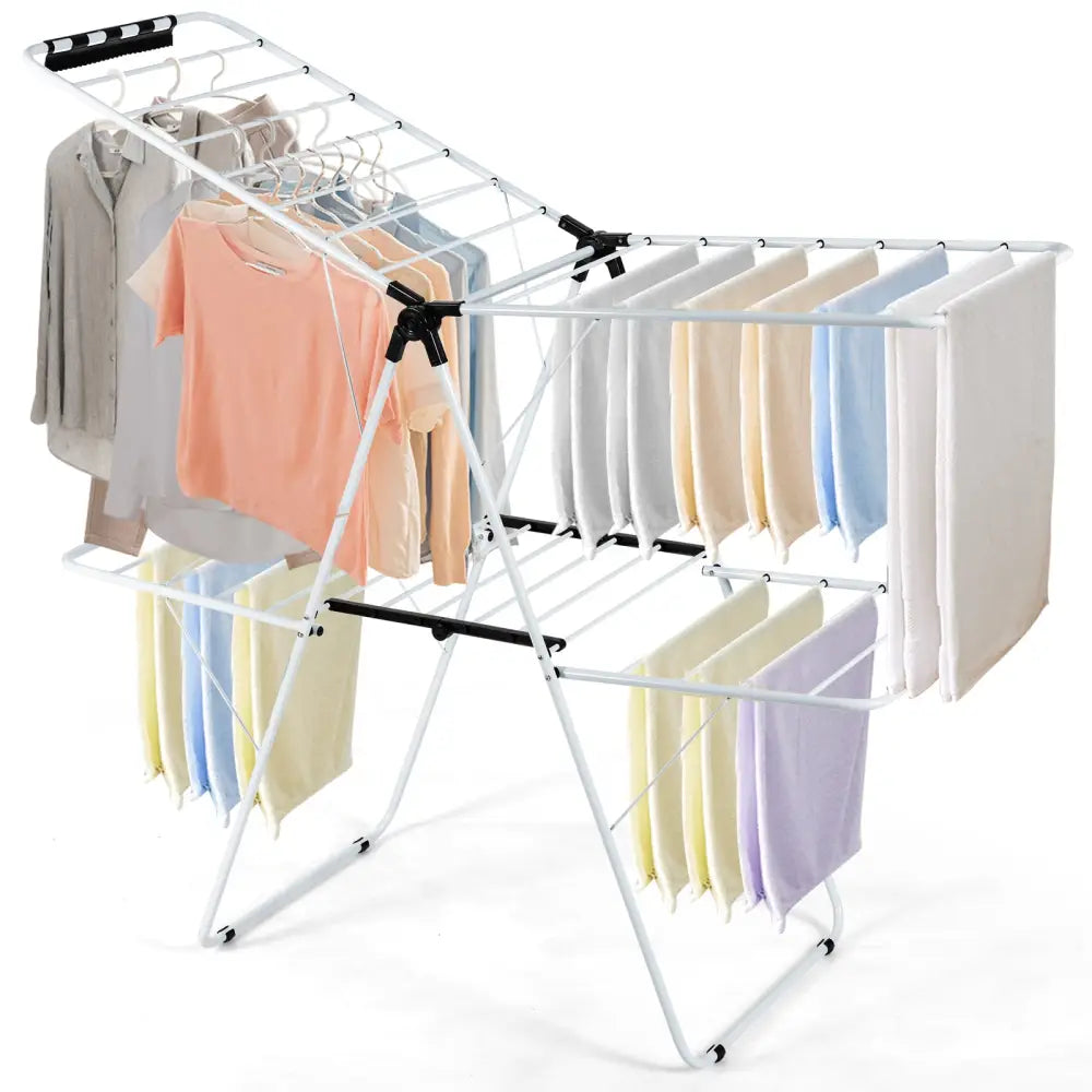 2-Tier Foldable Clothes Drying Rack with Adjustable Gullwing - White - Drying Racks