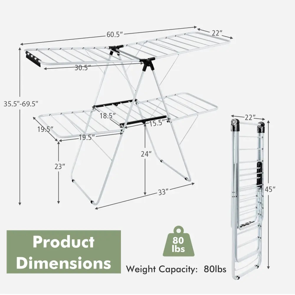 2-Tier Foldable Clothes Drying Rack with Adjustable Gullwing - White - Drying Racks