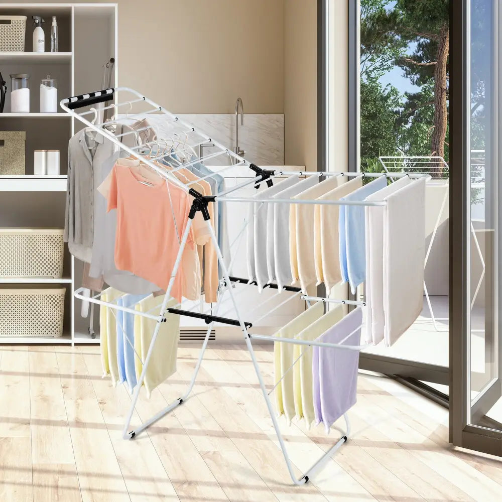 2-Tier Foldable Clothes Drying Rack with Adjustable Gullwing - White - Drying Racks