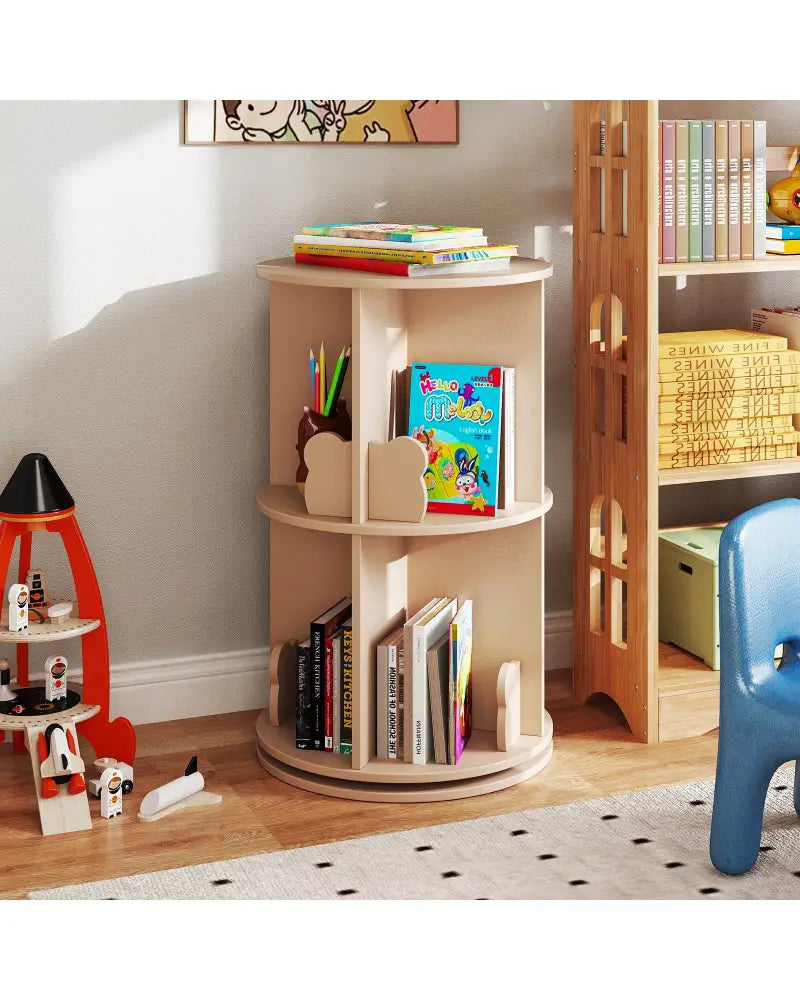 2 Tier Freestanding Kids Rotating Bookshelf Storage Rack with Bear Baffles-Natural - Coffee - Kids Storage