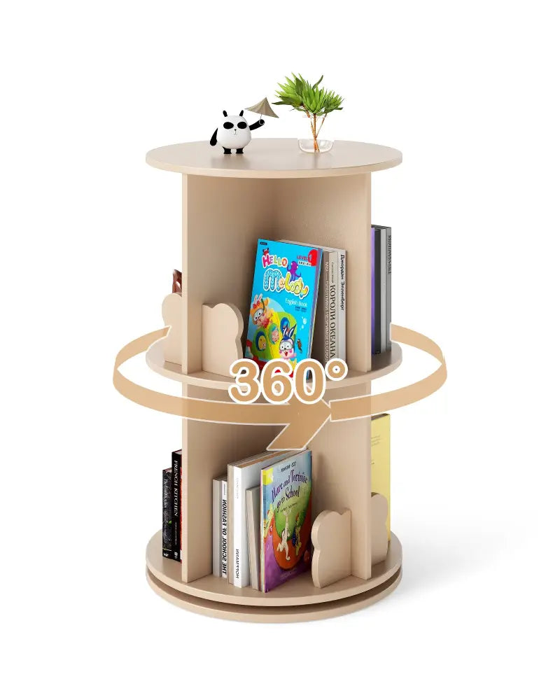 2 Tier Freestanding Kids Rotating Bookshelf Storage Rack with Bear Baffles-Natural - Coffee - Kids Storage