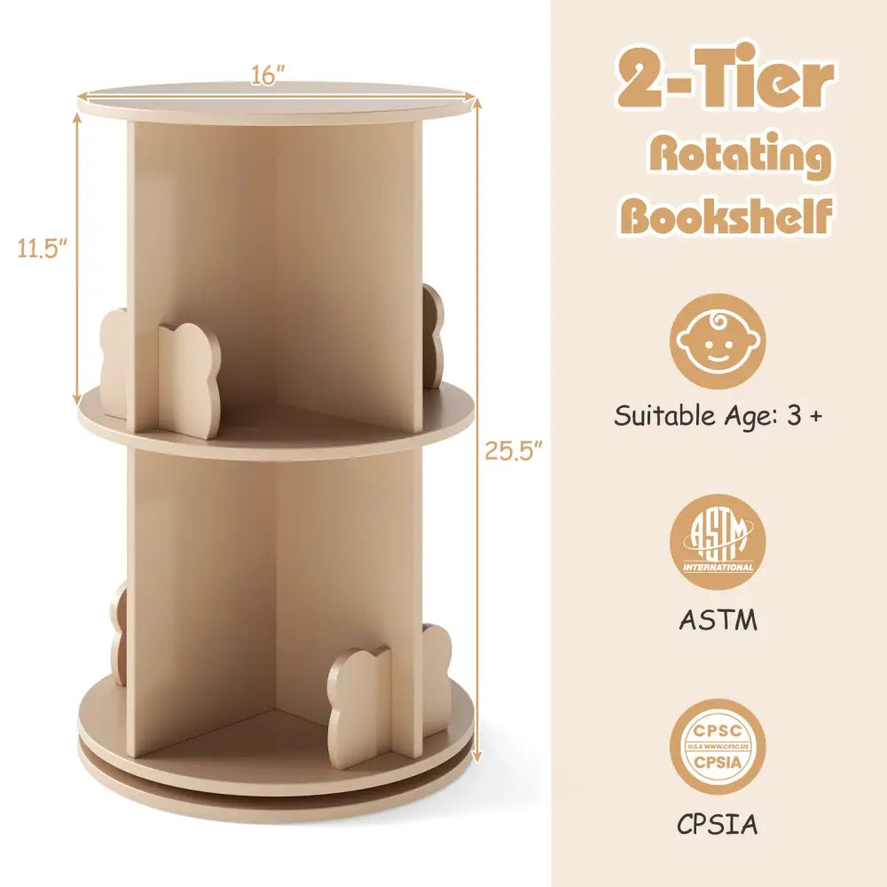 2 Tier Freestanding Kids Rotating Bookshelf Storage Rack with Bear Baffles-Natural - Coffee - Kids Storage
