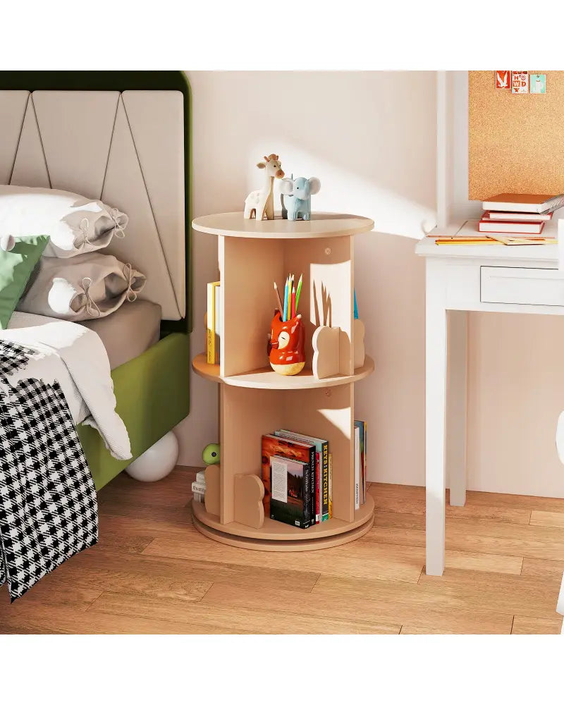 2 Tier Freestanding Kids Rotating Bookshelf Storage Rack with Bear Baffles-Natural - Coffee - Kids Storage