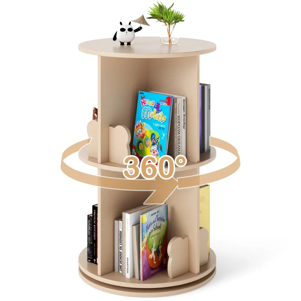 2 Tier Freestanding Kids Rotating Bookshelf Storage Rack with Bear Baffles-Natural - Coffee - Kids Storage