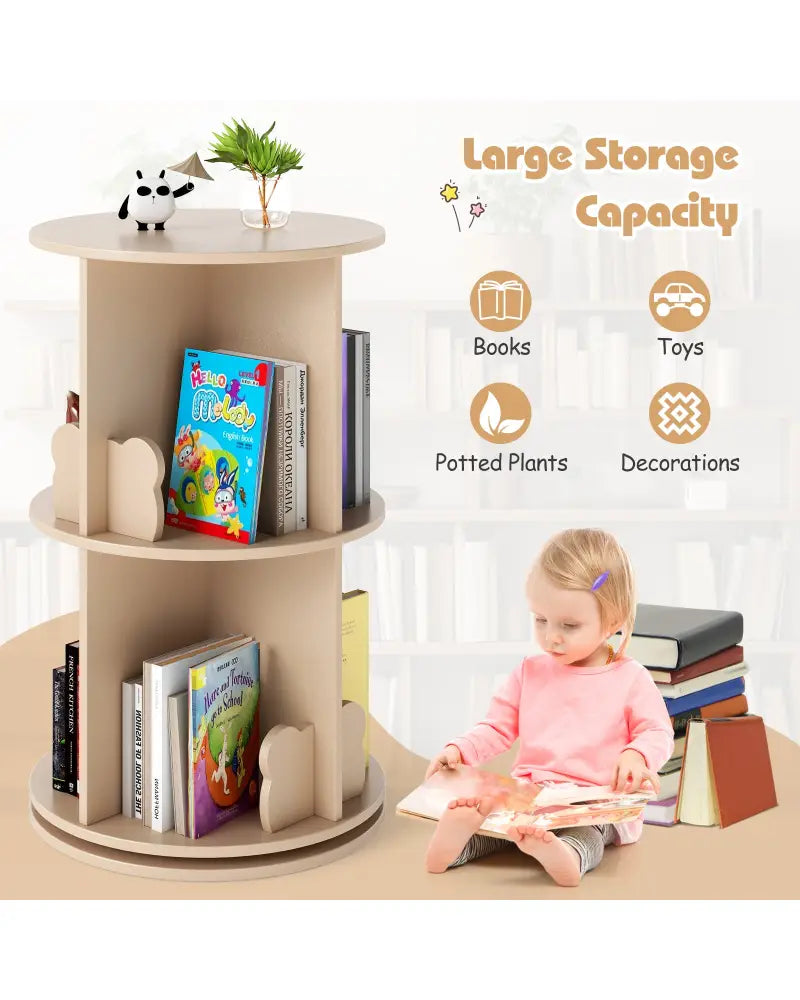 2 Tier Freestanding Kids Rotating Bookshelf Storage Rack with Bear Baffles-Natural - Coffee - Kids Storage