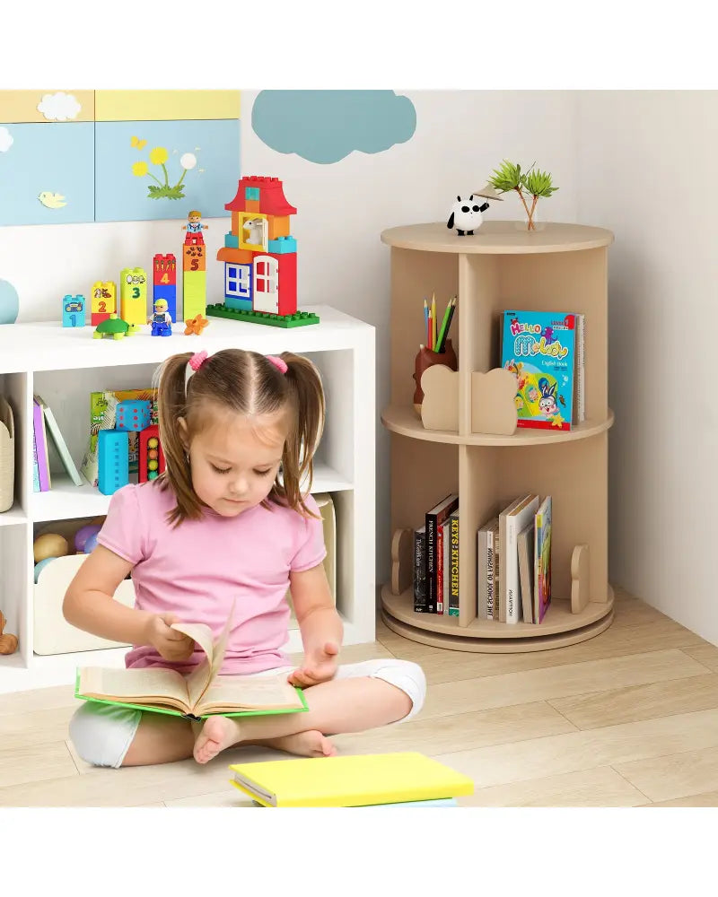 2 Tier Freestanding Kids Rotating Bookshelf Storage Rack with Bear Baffles-Natural - Coffee - Kids Storage