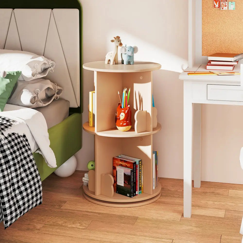 2 Tier Freestanding Kids Rotating Bookshelf Storage Rack with Bear Baffles-Natural - Coffee - Kids Storage