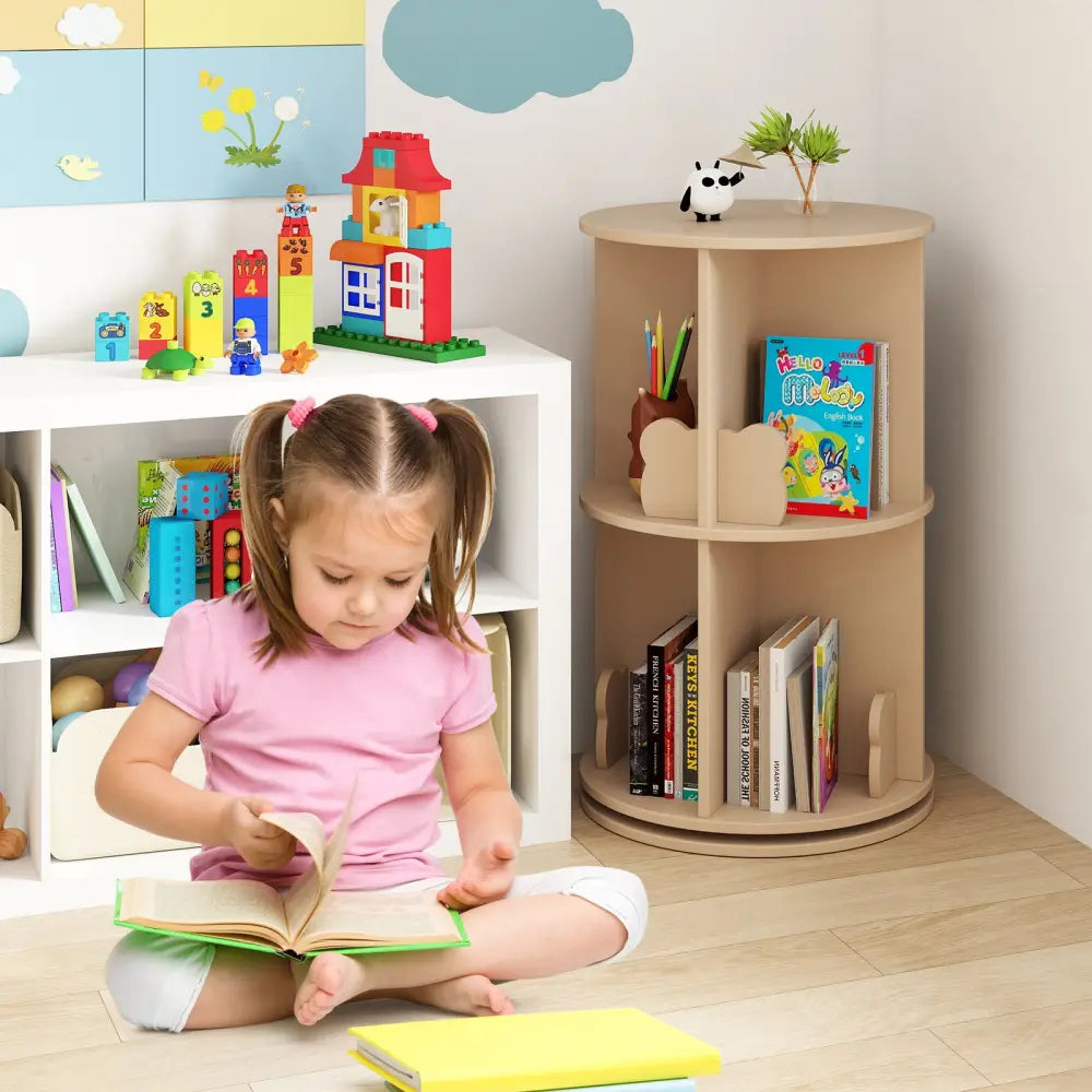 2 Tier Freestanding Kids Rotating Bookshelf Storage Rack with Bear Baffles-Natural - Coffee - Kids Storage