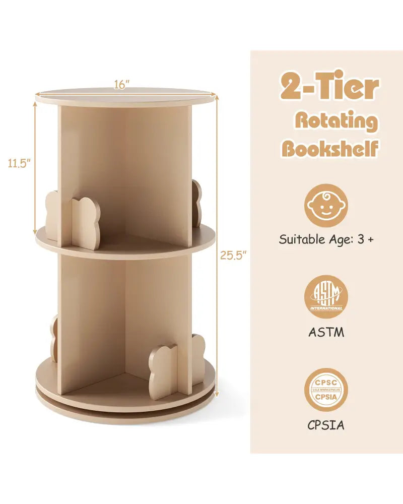 2 Tier Freestanding Kids Rotating Bookshelf Storage Rack with Bear Baffles-Natural - Coffee - Kids Storage