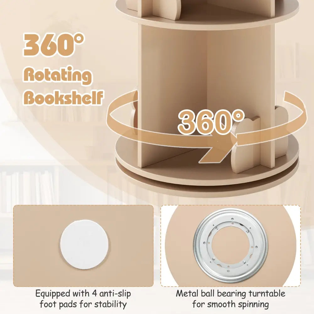 2 Tier Freestanding Kids Rotating Bookshelf Storage Rack with Bear Baffles-Natural - Coffee - Kids Storage