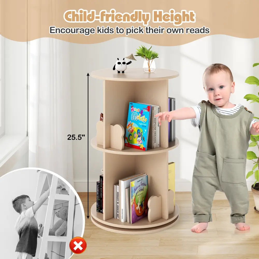 2 Tier Freestanding Kids Rotating Bookshelf Storage Rack with Bear Baffles-Natural - Coffee - Kids Storage