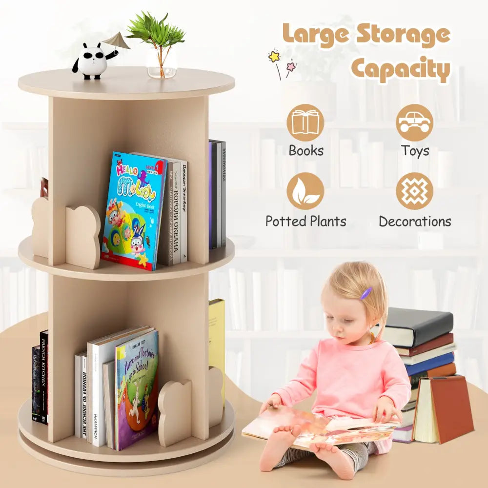 2 Tier Freestanding Kids Rotating Bookshelf Storage Rack with Bear Baffles-Natural - Coffee - Kids Storage