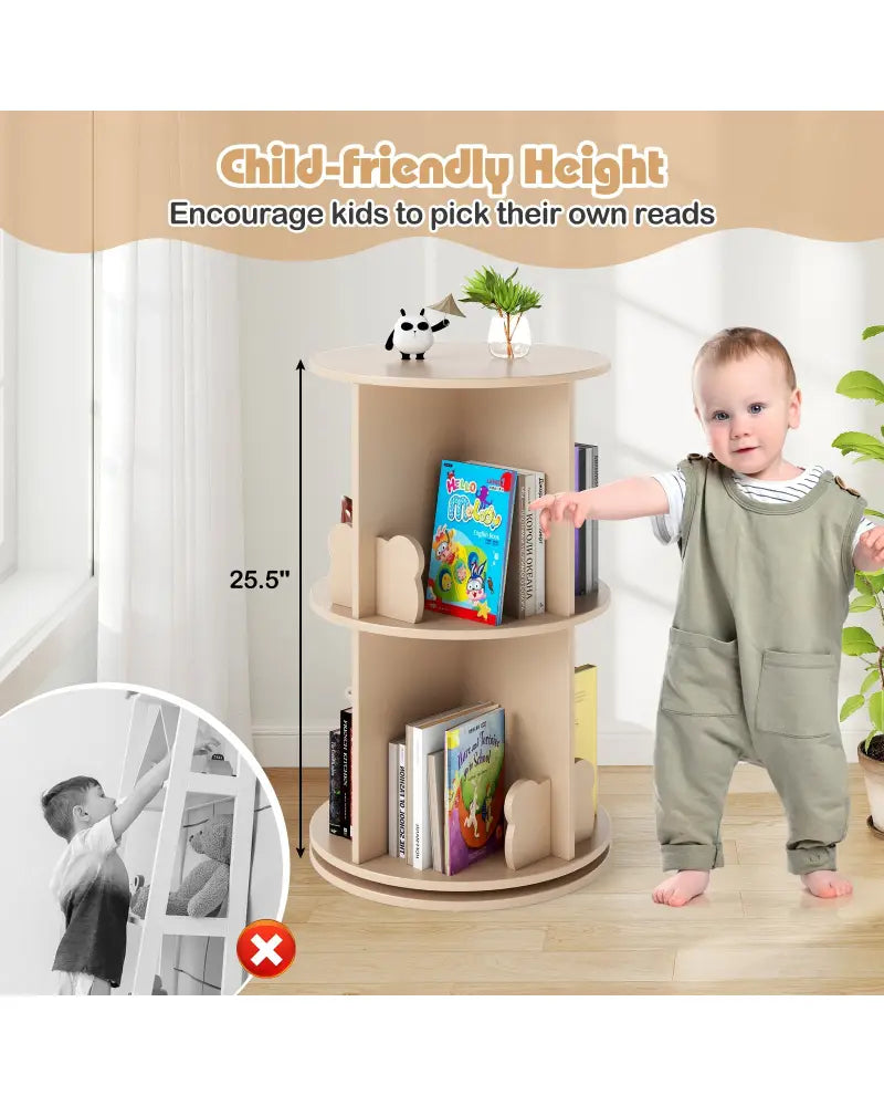 2 Tier Freestanding Kids Rotating Bookshelf Storage Rack with Bear Baffles-Natural - Coffee - Kids Storage