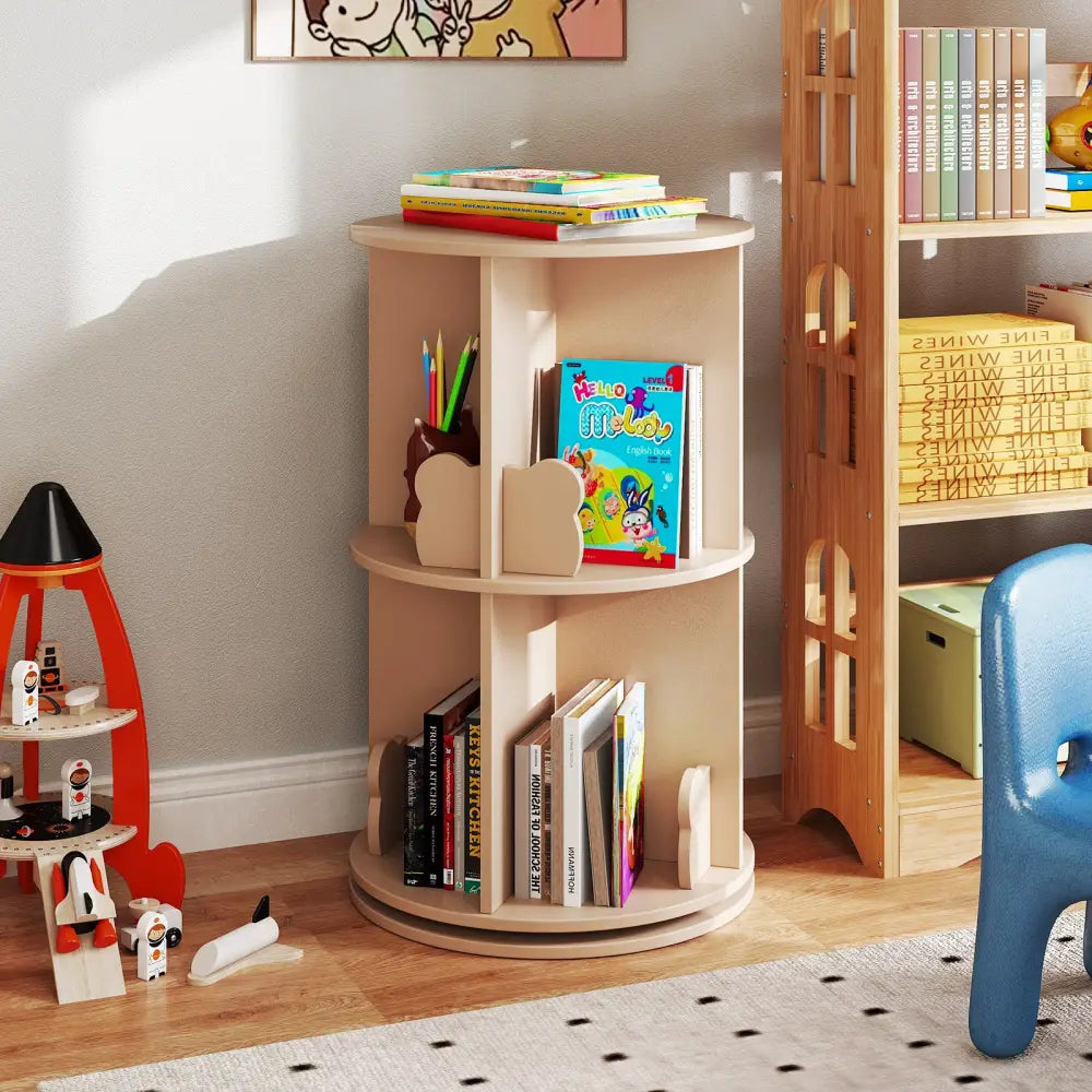 2 Tier Freestanding Kids Rotating Bookshelf Storage Rack with Bear Baffles-Natural - Coffee - Kids Storage