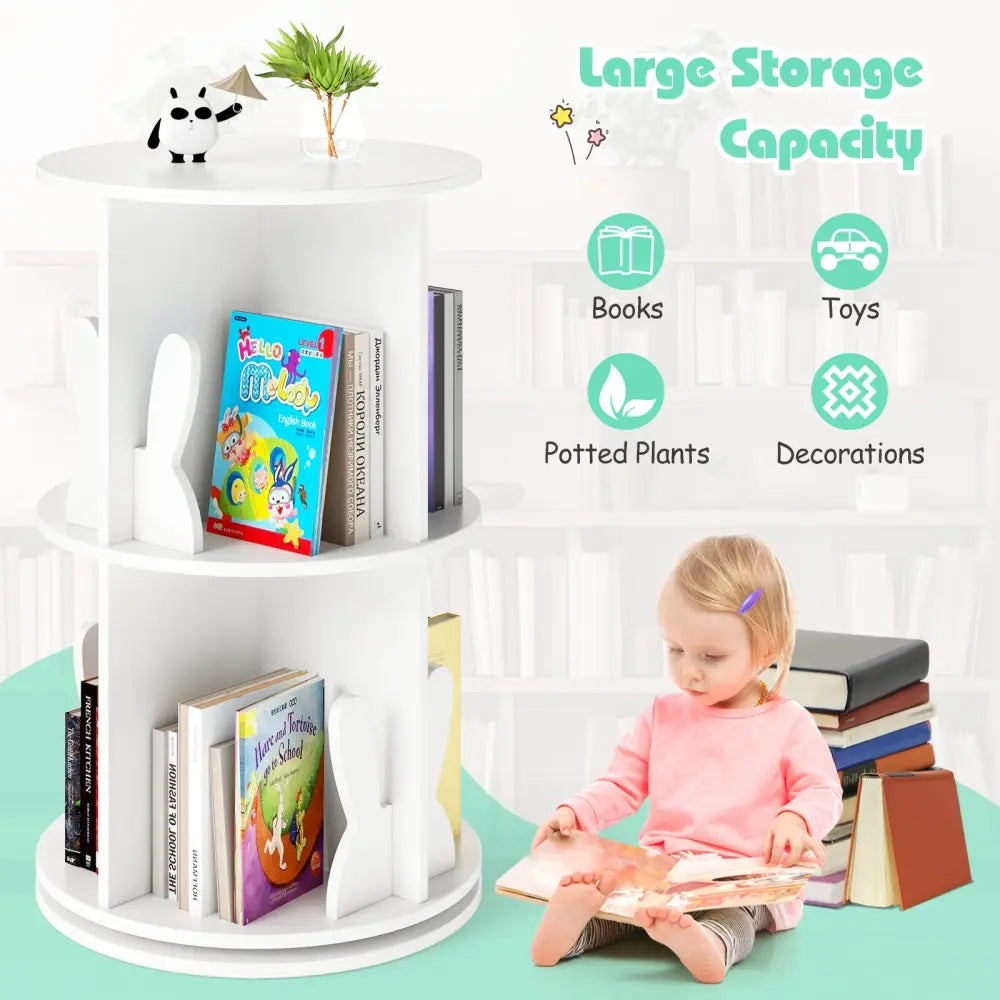 2 Tier Freestanding Kids Rotating Bookshelf Storage Rack with Bunny Baffles-White - White - Kids Storage