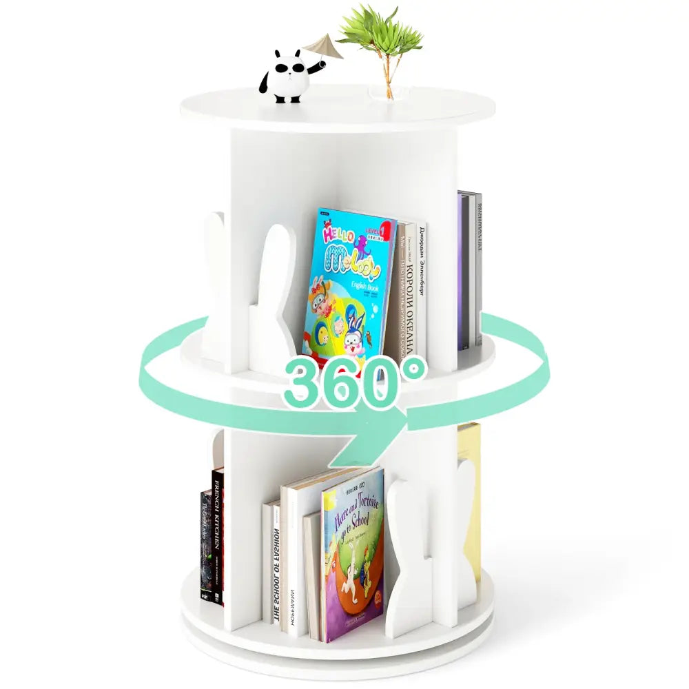 2 Tier Freestanding Kids Rotating Bookshelf Storage Rack with Bunny Baffles-White - White - Kids Storage