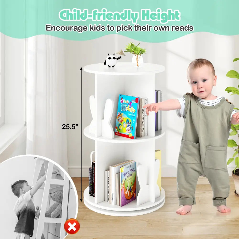 2 Tier Freestanding Kids Rotating Bookshelf Storage Rack with Bunny Baffles-White - White - Kids Storage