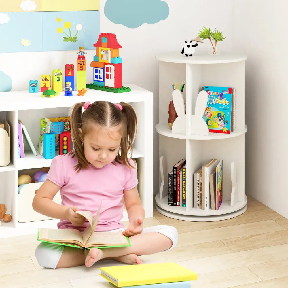 2 Tier Freestanding Kids Rotating Bookshelf Storage Rack with Bunny Baffles-White - White - Kids Storage