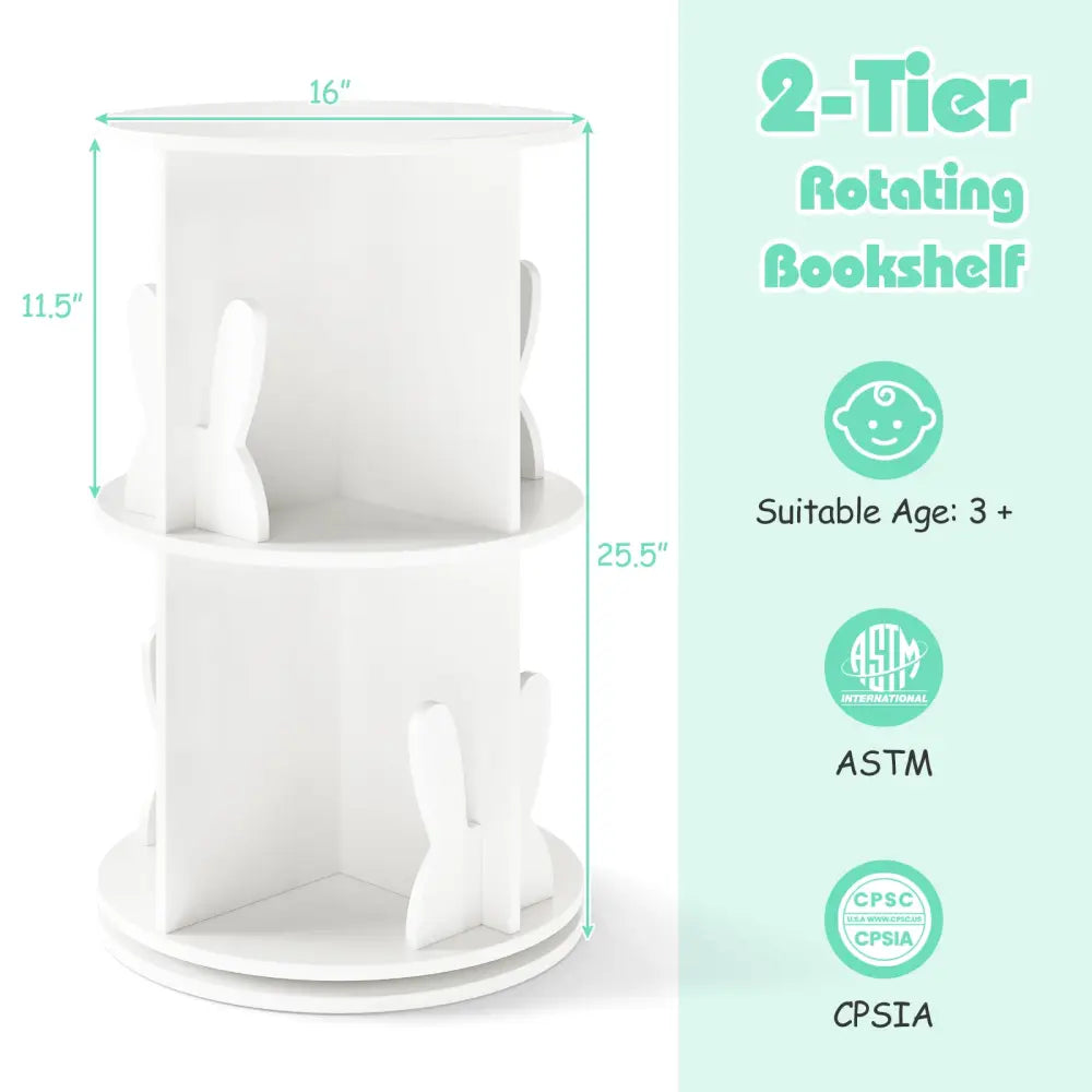 2 Tier Freestanding Kids Rotating Bookshelf Storage Rack with Bunny Baffles-White - White - Kids Storage