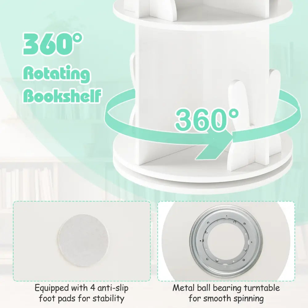 2 Tier Freestanding Kids Rotating Bookshelf Storage Rack with Bunny Baffles-White - White - Kids Storage