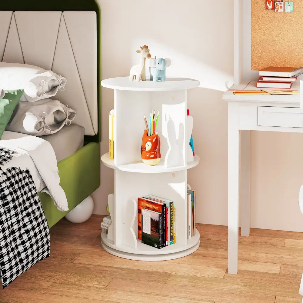 2 Tier Freestanding Kids Rotating Bookshelf Storage Rack with Bunny Baffles-White - White - Kids Storage