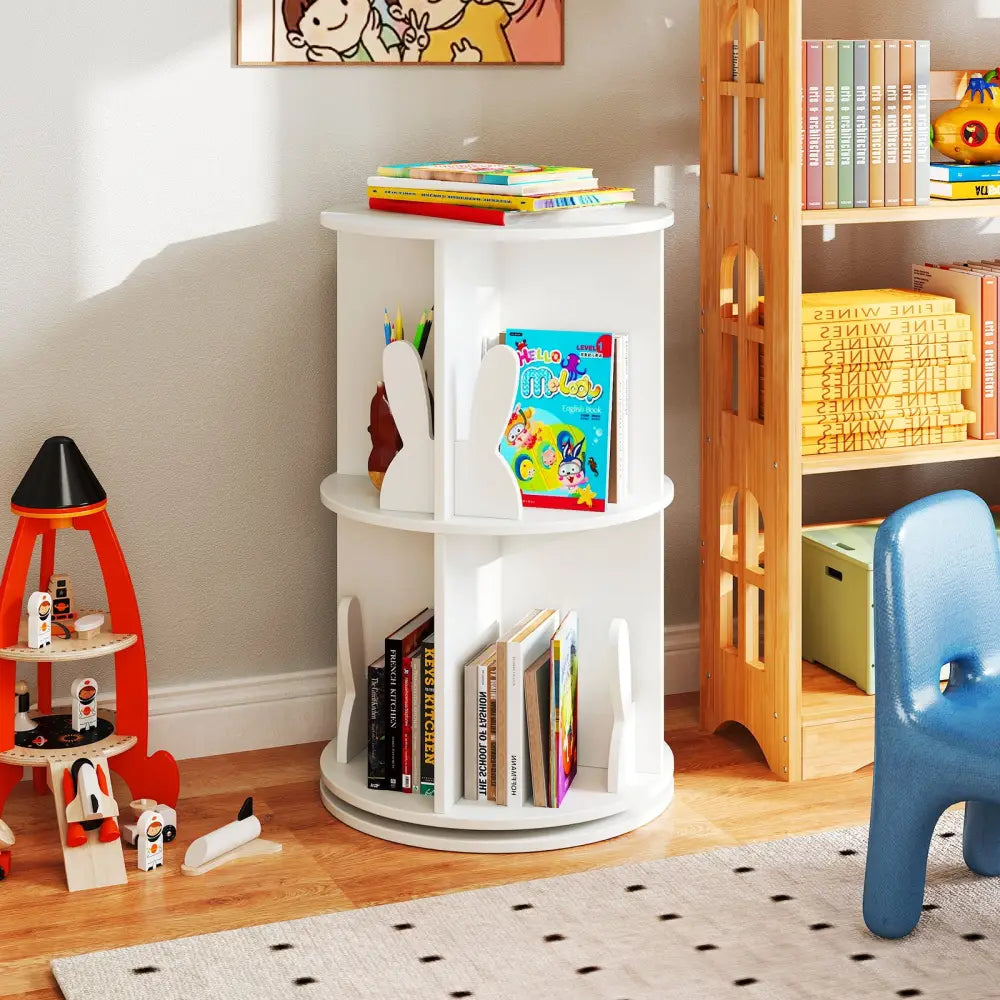 2 Tier Freestanding Kids Rotating Bookshelf Storage Rack with Bunny Baffles-White - White - Kids Storage