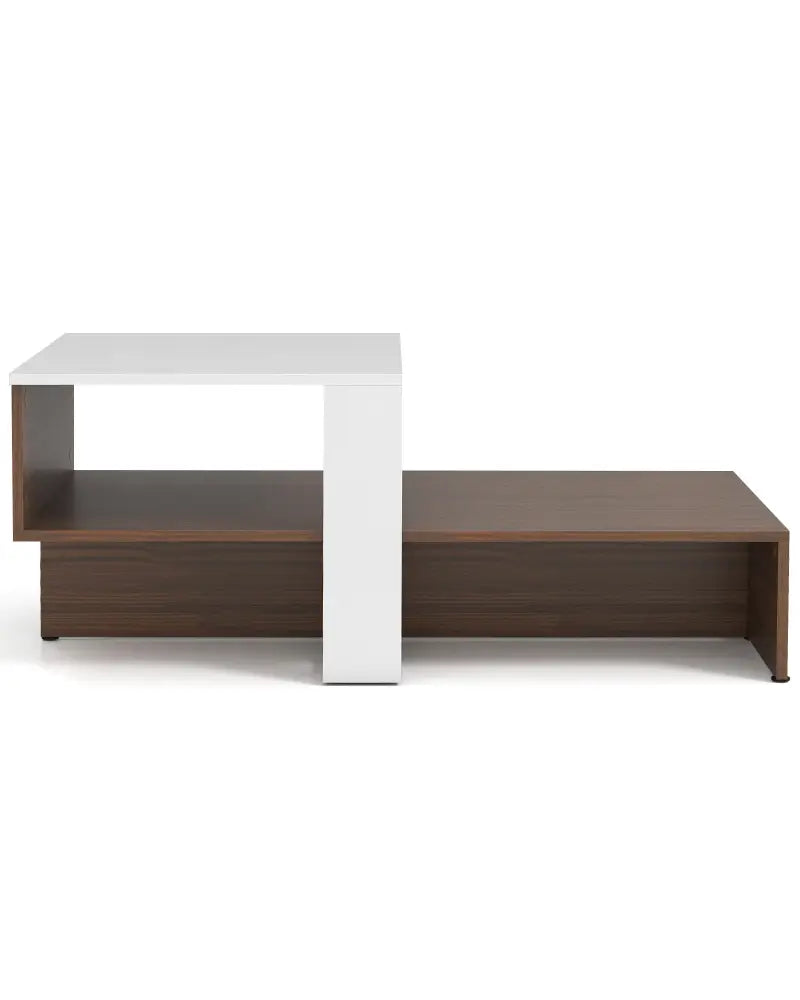 2-Tier Geometric Coffee Table with Storage Shelves for Living Room and Reception Room-White and Brown - White - Coffee