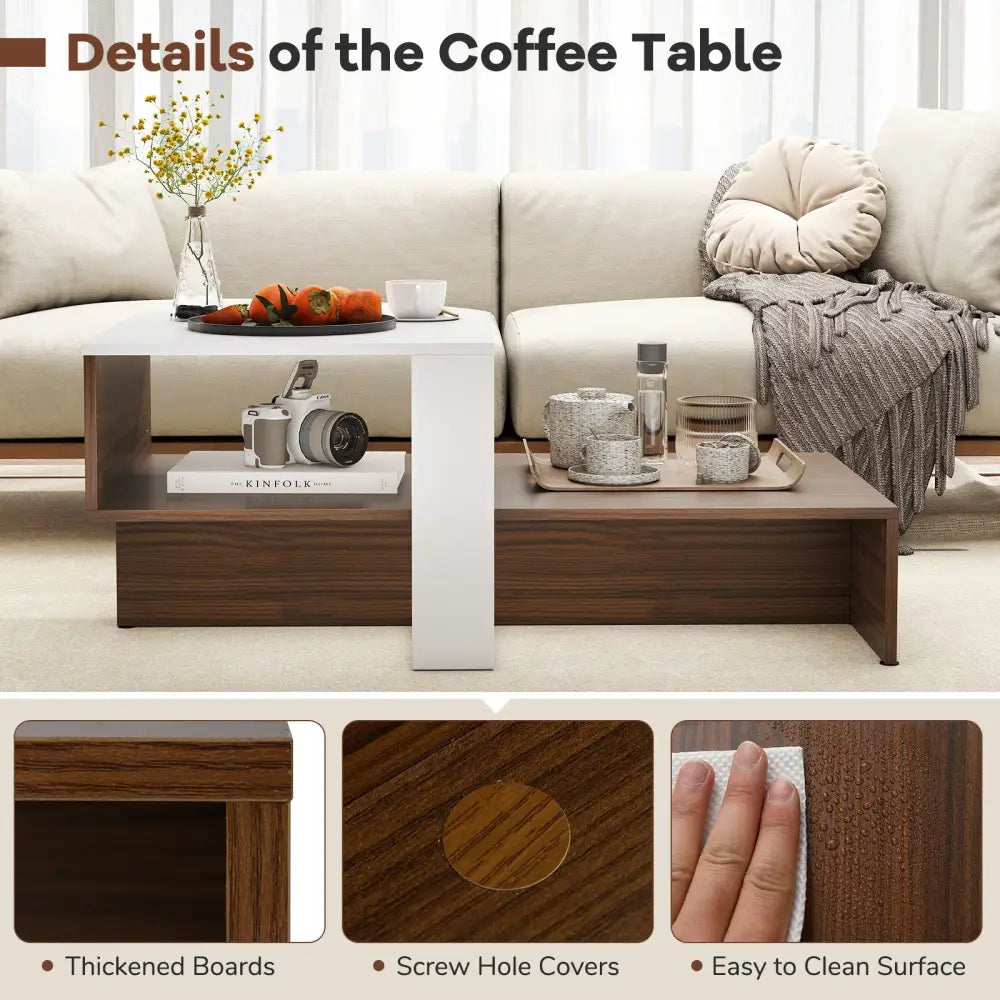 2-Tier Geometric Coffee Table with Storage Shelves for Living Room and Reception Room-White and Brown - White - Coffee