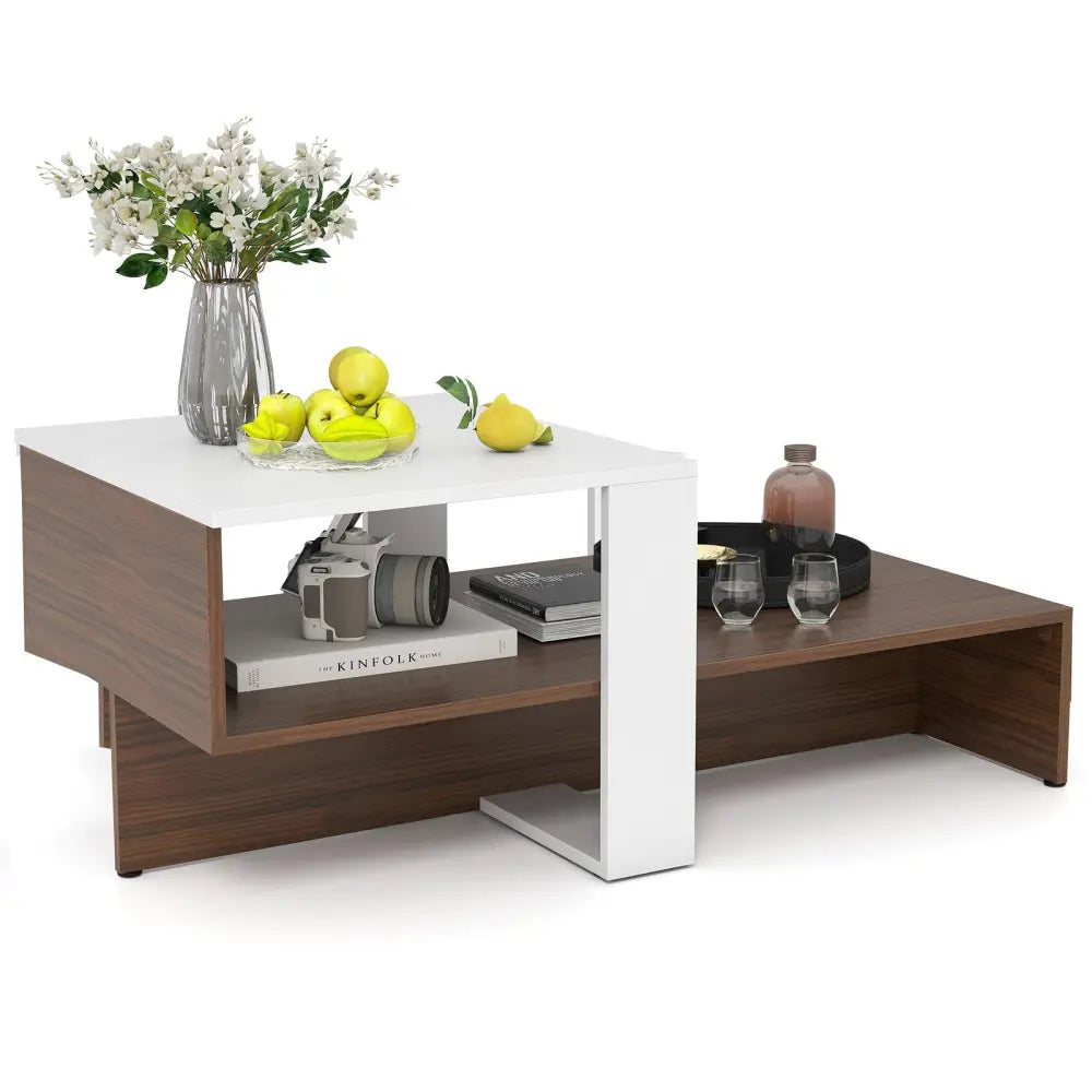 2-Tier Geometric Coffee Table with Storage Shelves for Living Room and Reception Room-White and Brown - White - Coffee