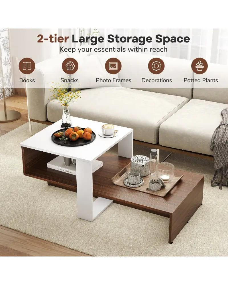 2-Tier Geometric Coffee Table with Storage Shelves for Living Room and Reception Room-White and Brown - White - Coffee