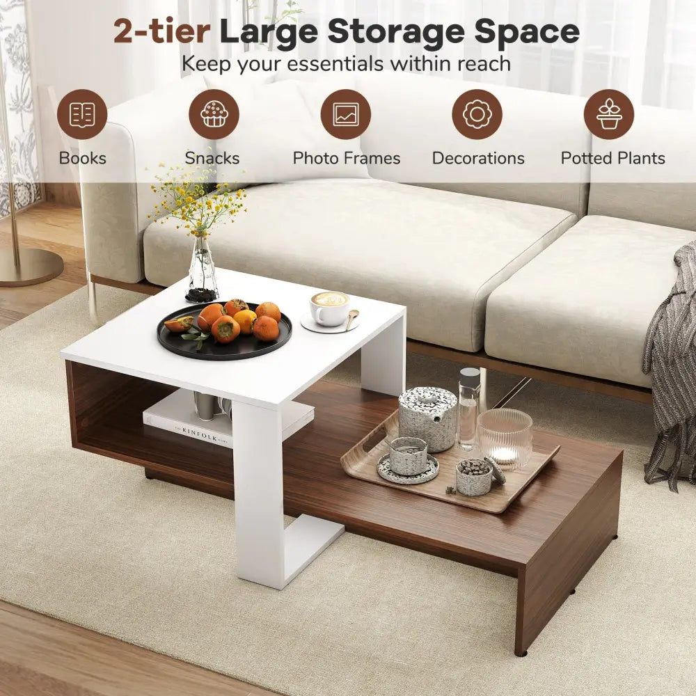 2-Tier Geometric Coffee Table with Storage Shelves for Living Room and Reception Room-White and Brown - White - Coffee