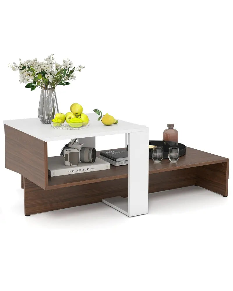 2-Tier Geometric Coffee Table with Storage Shelves for Living Room and Reception Room-White and Brown - White - Coffee