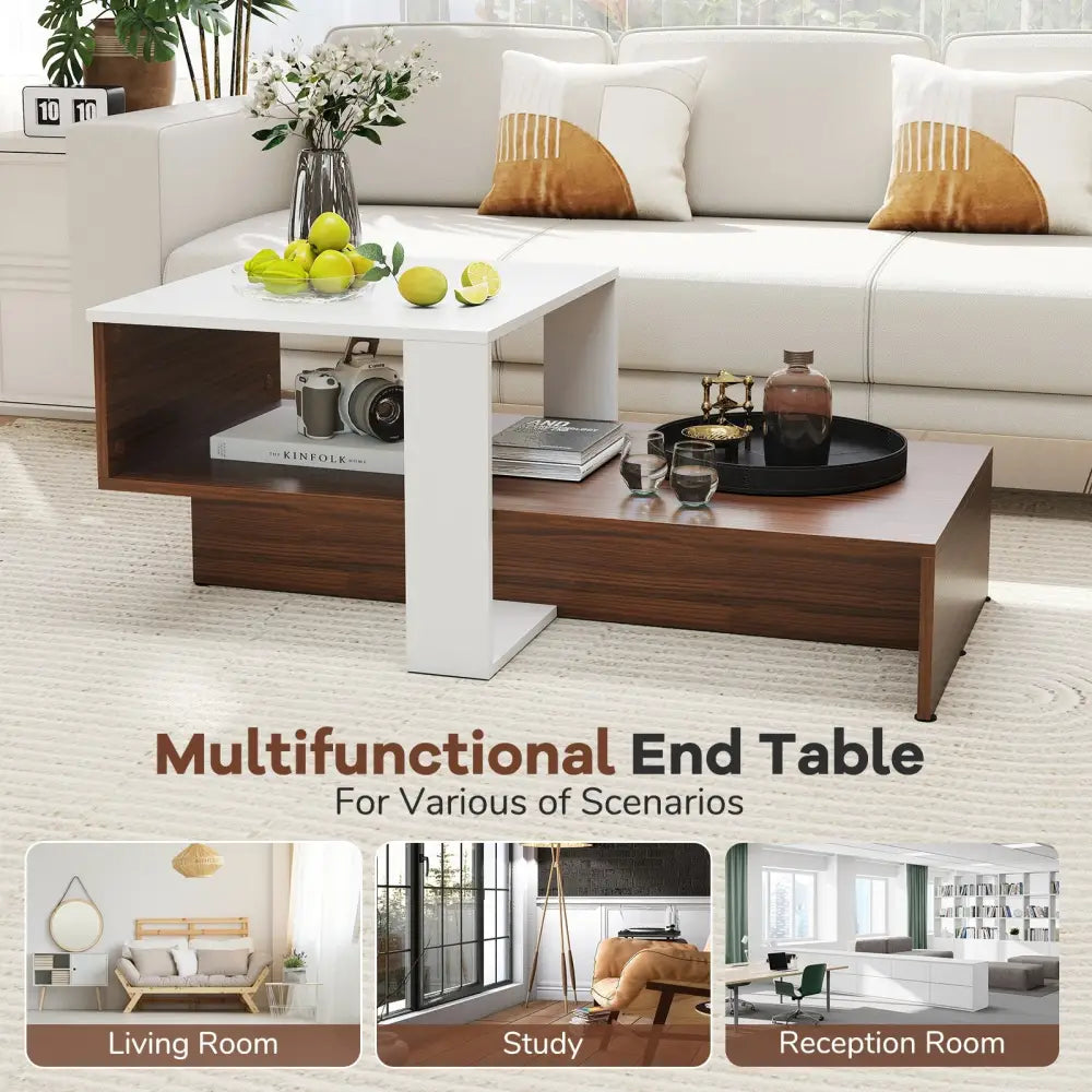 2-Tier Geometric Coffee Table with Storage Shelves for Living Room and Reception Room-White and Brown - White - Coffee