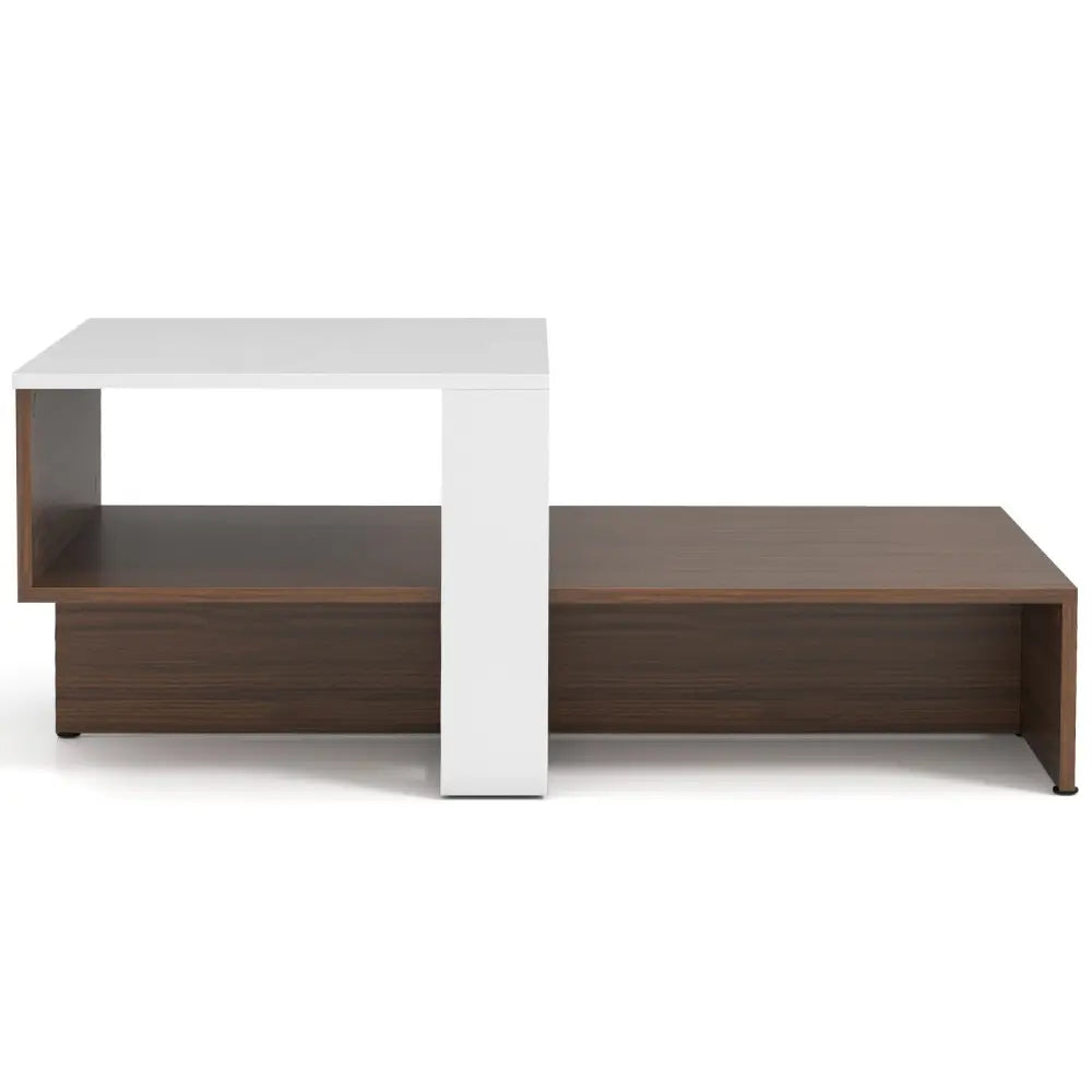 2-Tier Geometric Coffee Table with Storage Shelves for Living Room and Reception Room-White and Brown - White - Coffee