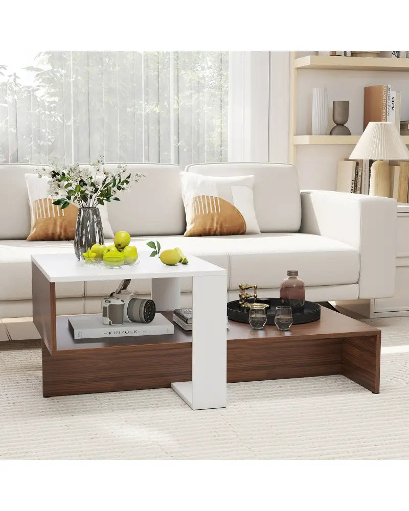 2-Tier Geometric Coffee Table with Storage Shelves for Living Room and Reception Room-White and Brown - White - Coffee