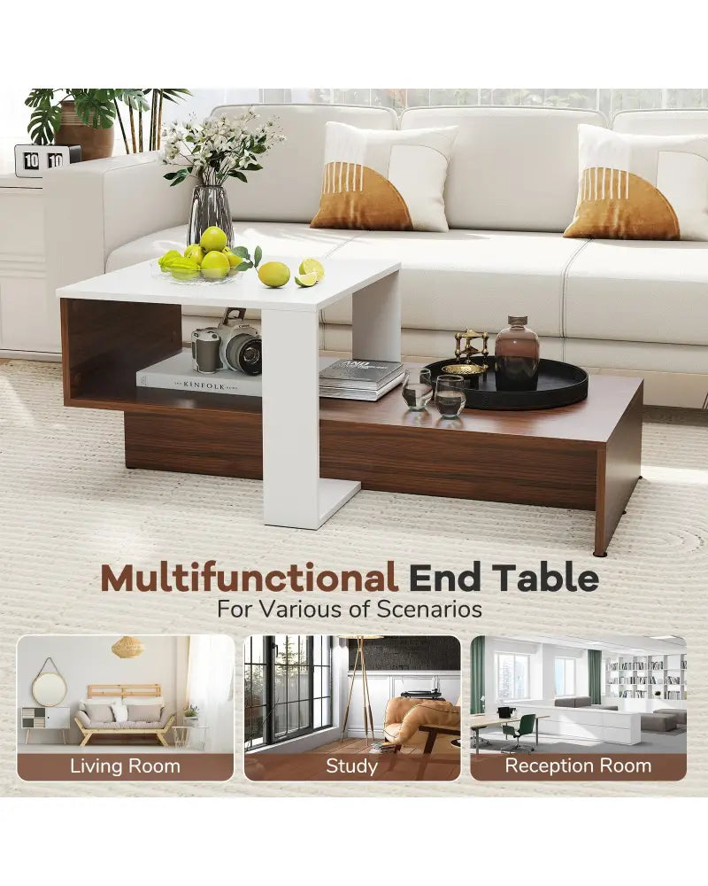 2-Tier Geometric Coffee Table with Storage Shelves for Living Room and Reception Room-White and Brown - White - Coffee