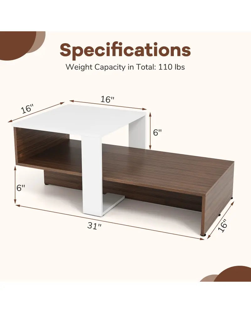 2-Tier Geometric Coffee Table with Storage Shelves for Living Room and Reception Room-White and Brown - White - Coffee