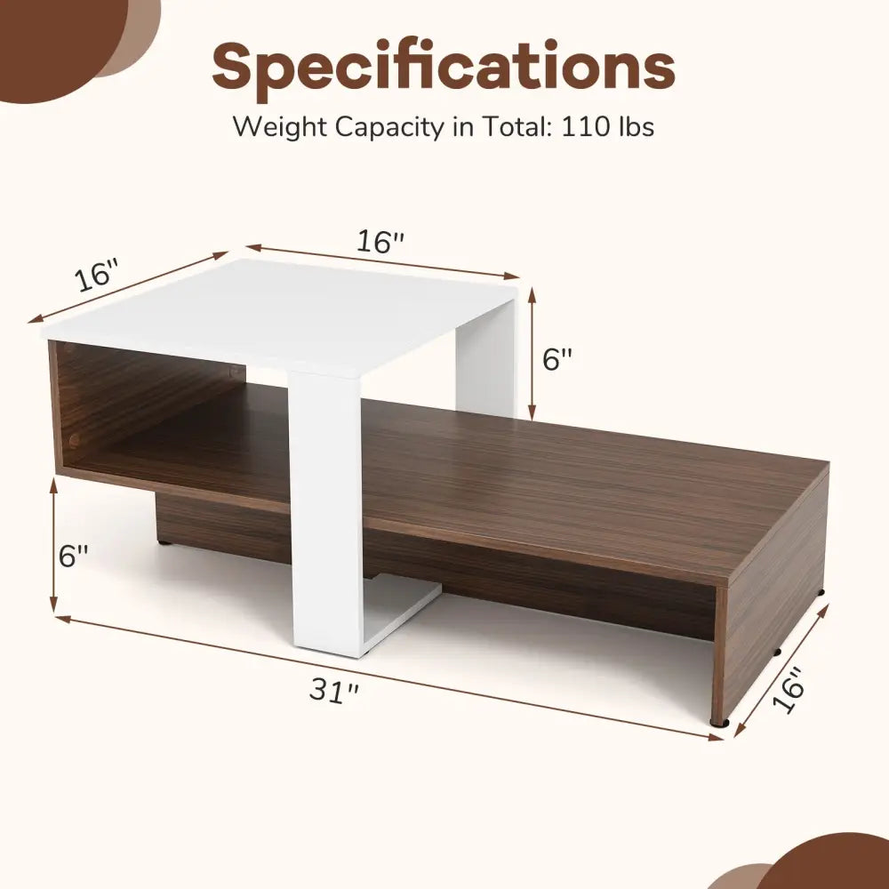 2-Tier Geometric Coffee Table with Storage Shelves for Living Room and Reception Room-White and Brown - White - Coffee