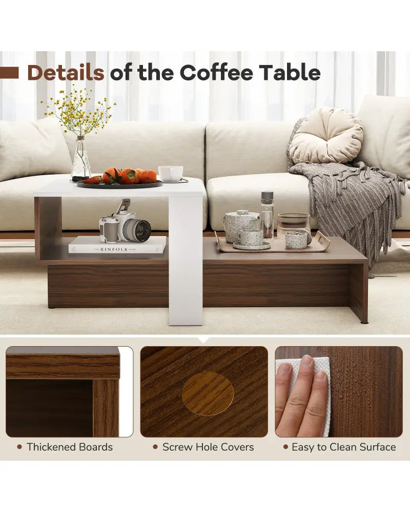 2-Tier Geometric Coffee Table with Storage Shelves for Living Room and Reception Room-White and Brown - White - Coffee