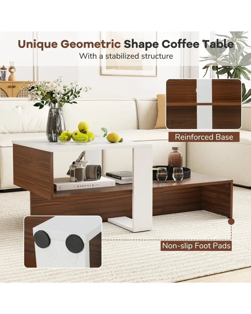 2-Tier Geometric Coffee Table with Storage Shelves for Living Room and Reception Room-White and Brown - White - Coffee
