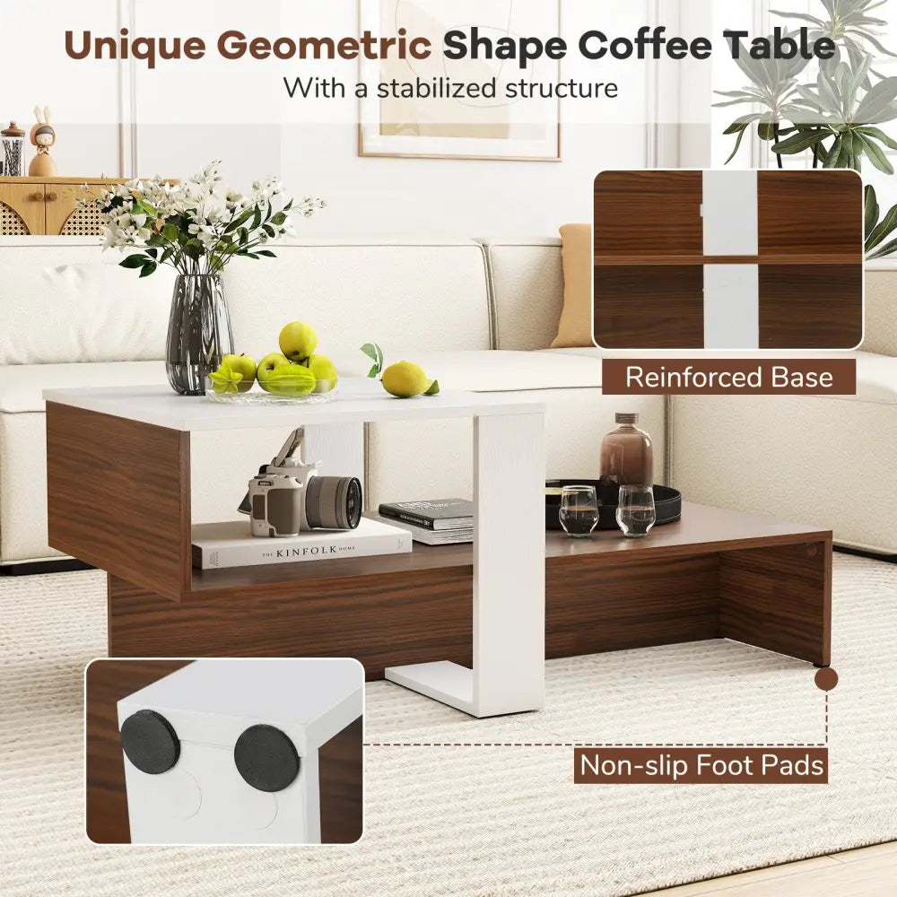 2-Tier Geometric Coffee Table with Storage Shelves for Living Room and Reception Room-White and Brown - White - Coffee