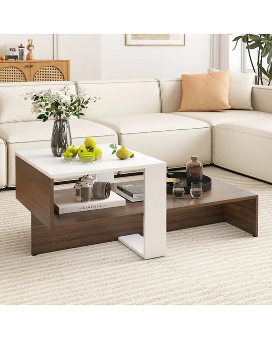 2-Tier Geometric Coffee Table with Storage Shelves for Living Room and Reception Room-White and Brown - White - Coffee