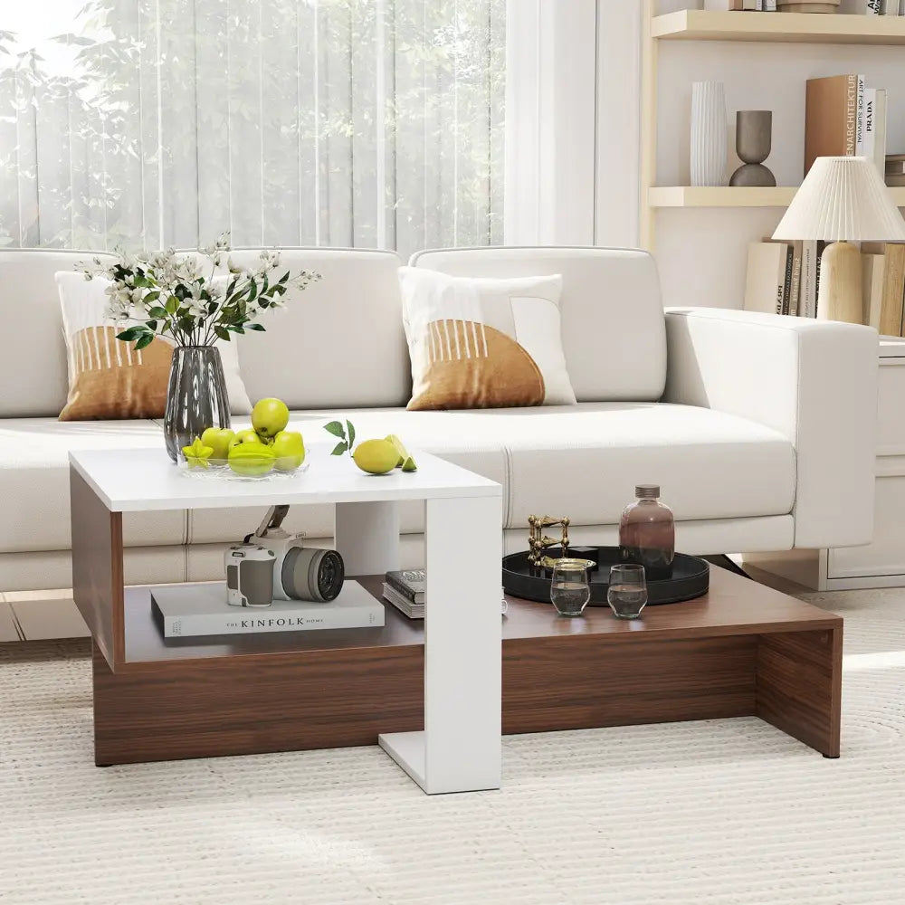 2-Tier Geometric Coffee Table with Storage Shelves for Living Room and Reception Room-White and Brown - White - Coffee