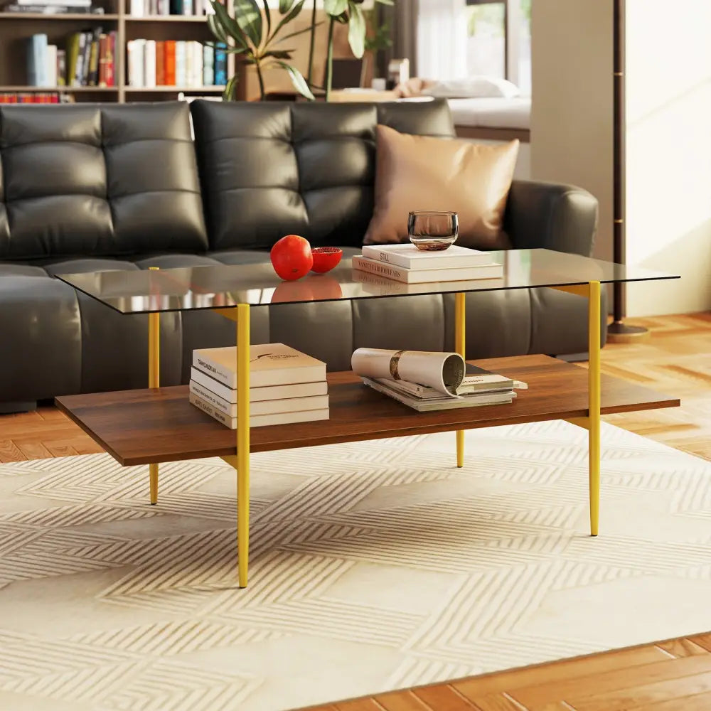 2-Tier Glass Coffee Table with Tampered Glass Tabletop and Open Storage Shelf-Brown - Brown - Coffee Tables