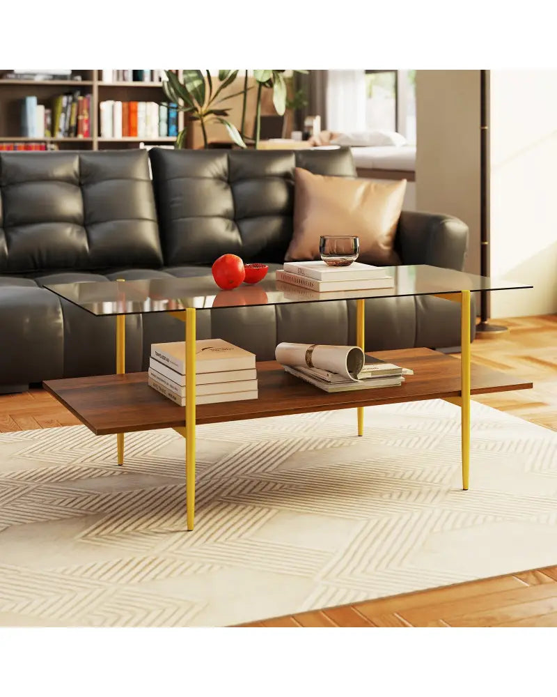 2-Tier Glass Coffee Table with Tampered Glass Tabletop and Open Storage Shelf-Brown - Brown - Coffee Tables