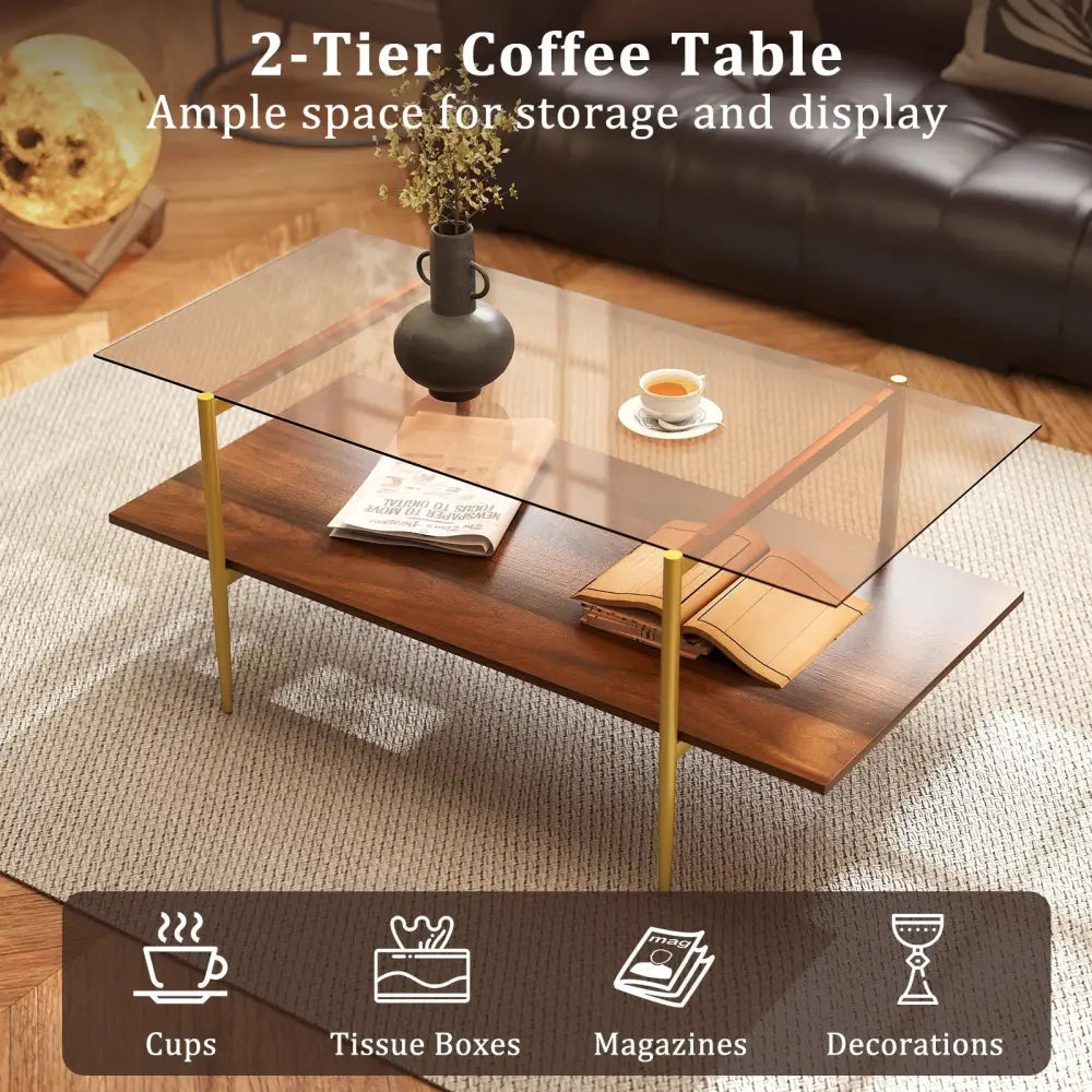 2-Tier Glass Coffee Table with Tampered Glass Tabletop and Open Storage Shelf-Brown - Brown - Coffee Tables