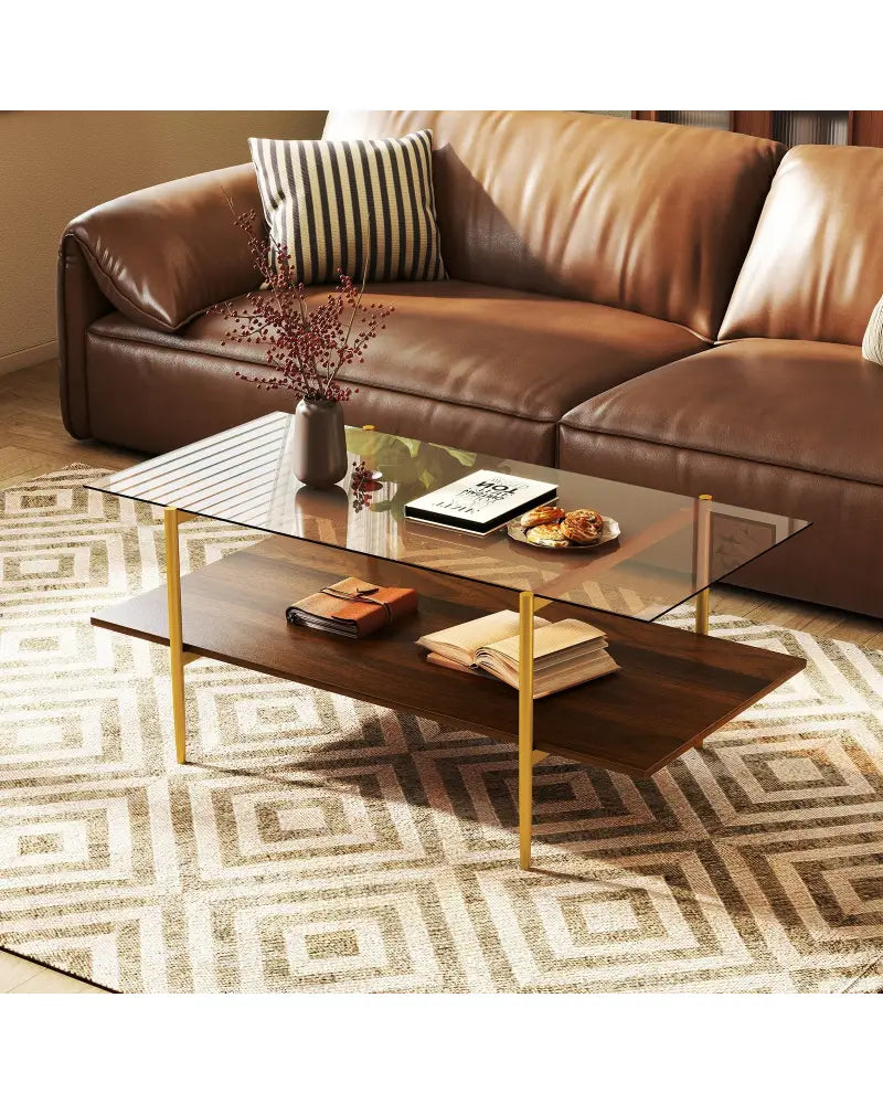 2-Tier Glass Coffee Table with Tampered Glass Tabletop and Open Storage Shelf-Brown - Brown - Coffee Tables
