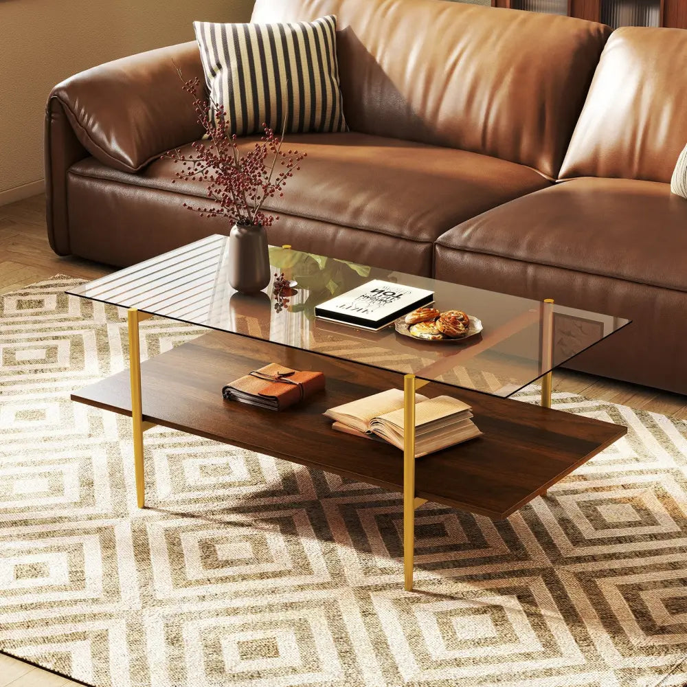 2-Tier Glass Coffee Table with Tampered Glass Tabletop and Open Storage Shelf-Brown - Brown - Coffee Tables