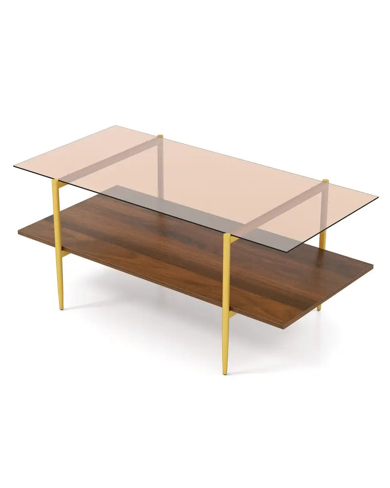 2-Tier Glass Coffee Table with Tampered Glass Tabletop and Open Storage Shelf-Brown - Brown - Coffee Tables